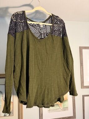 We The Free Olive Green Long Sleeve Top with Black Crochet grunge accents Cotton